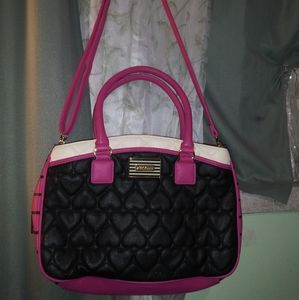 Betsey Johnson pink, black and white satchel